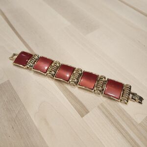 Vintage Gold Tone Vibrant Red Lucite Chunky Bracelet 60s Square